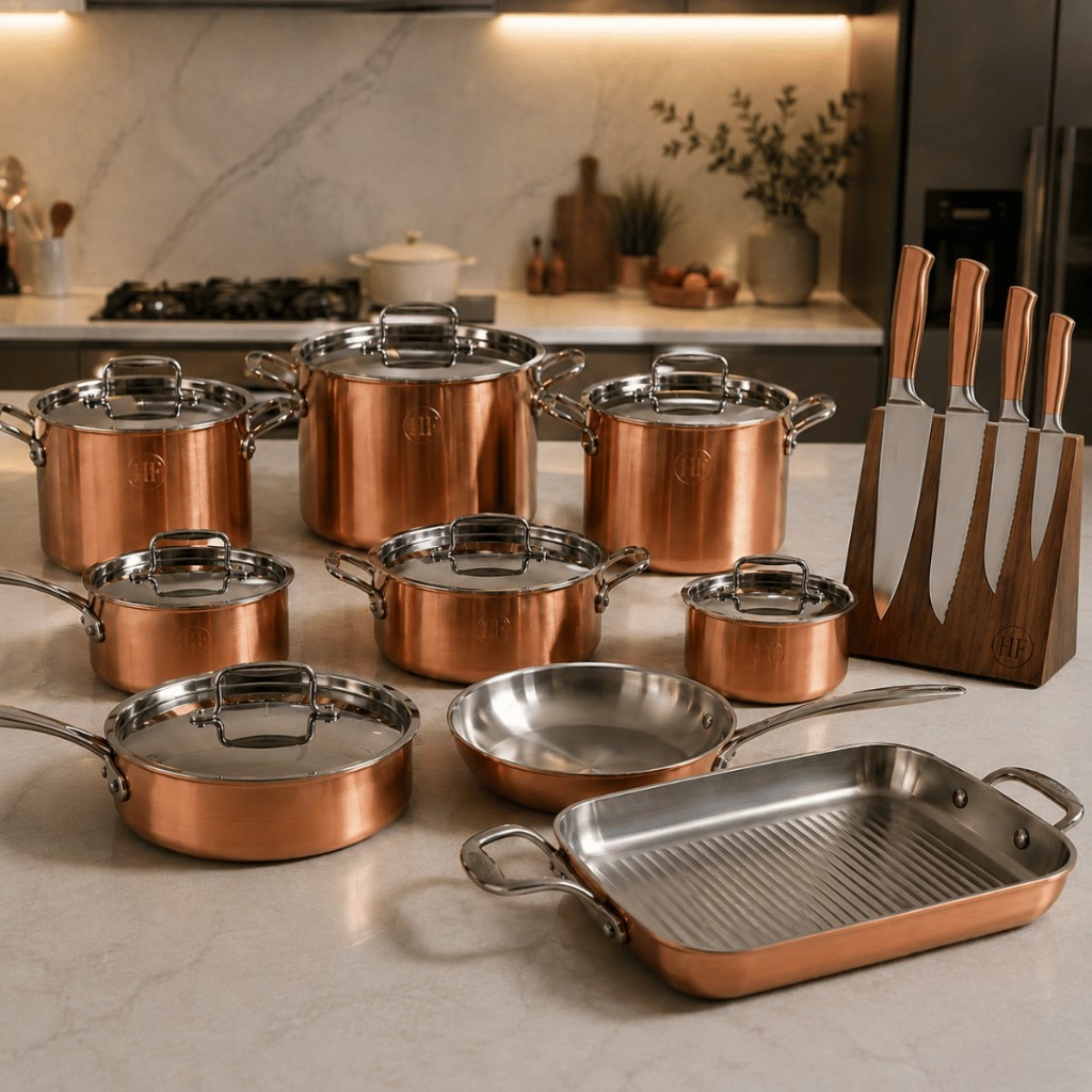 HappyFam copper non-stick cookware set with pans, pots, lids and knives